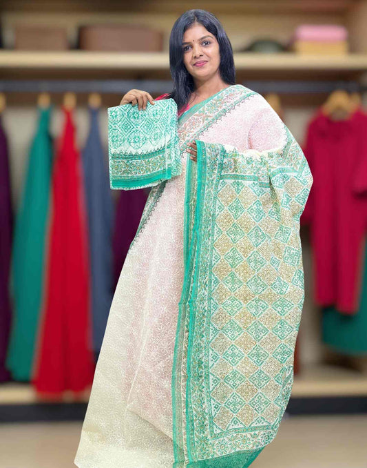 240925S (E6354) KOTA COTTON PHULKARI SAREE - Green