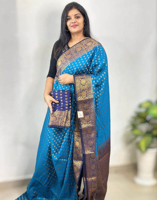 291025S (E6600) SEMI BANARASI SAREE - Kingfisher Blue n Dark Blue