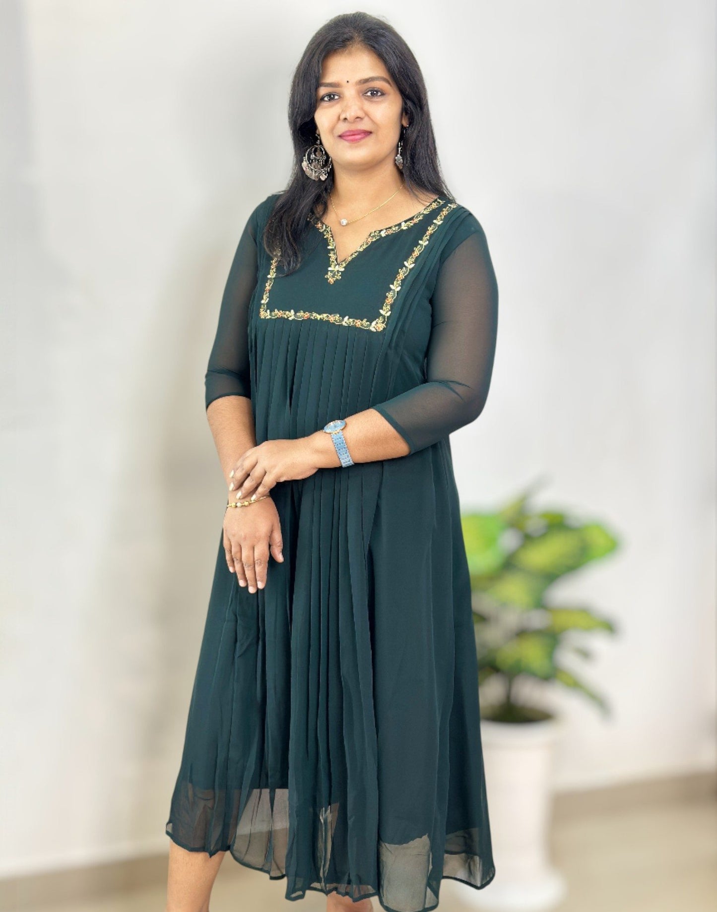 131125EK (E6573) GEORGETTE A-LINE KURTI - Dark green