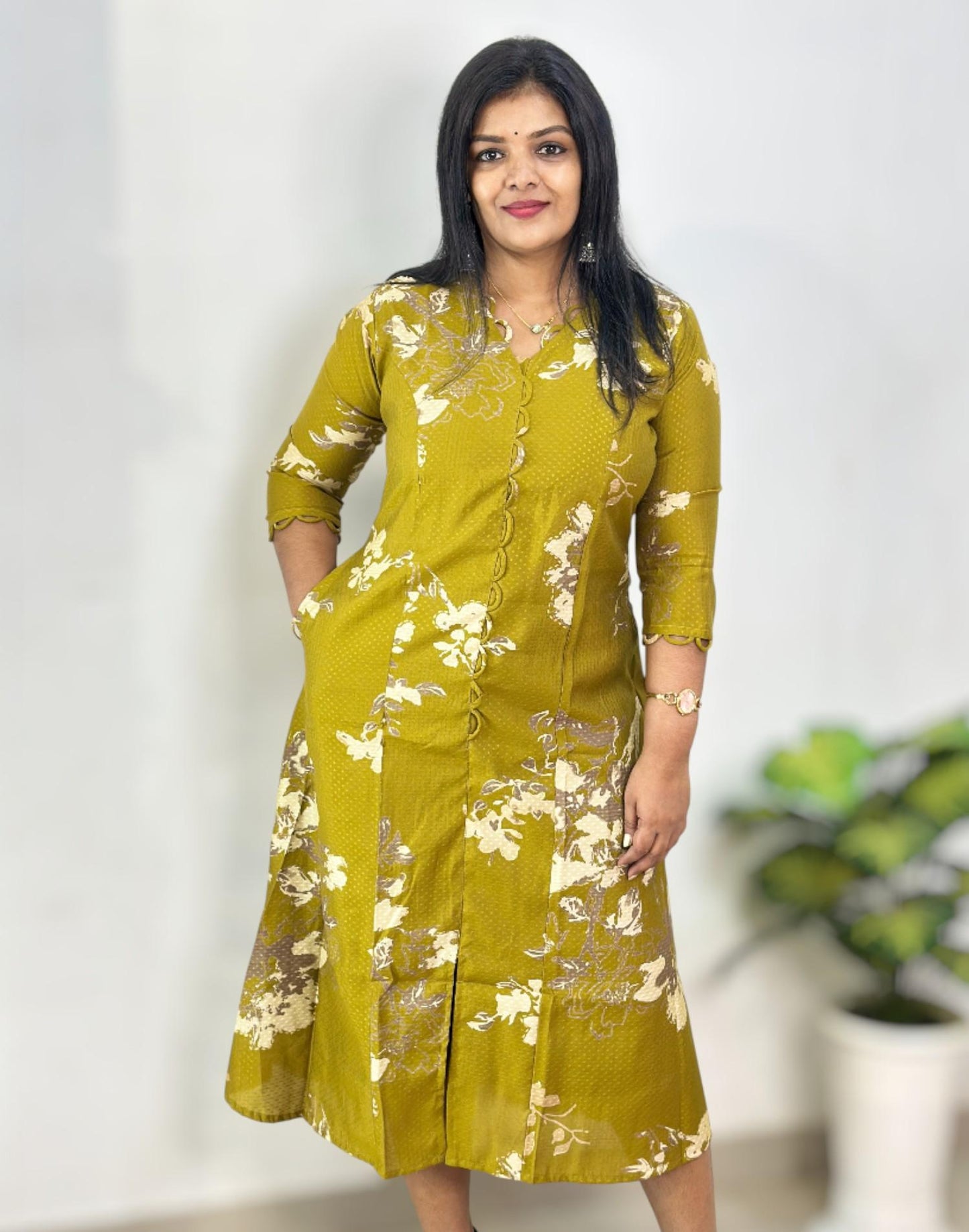 081125AK (E6614) A-LINE KURTI - Mehandi Green