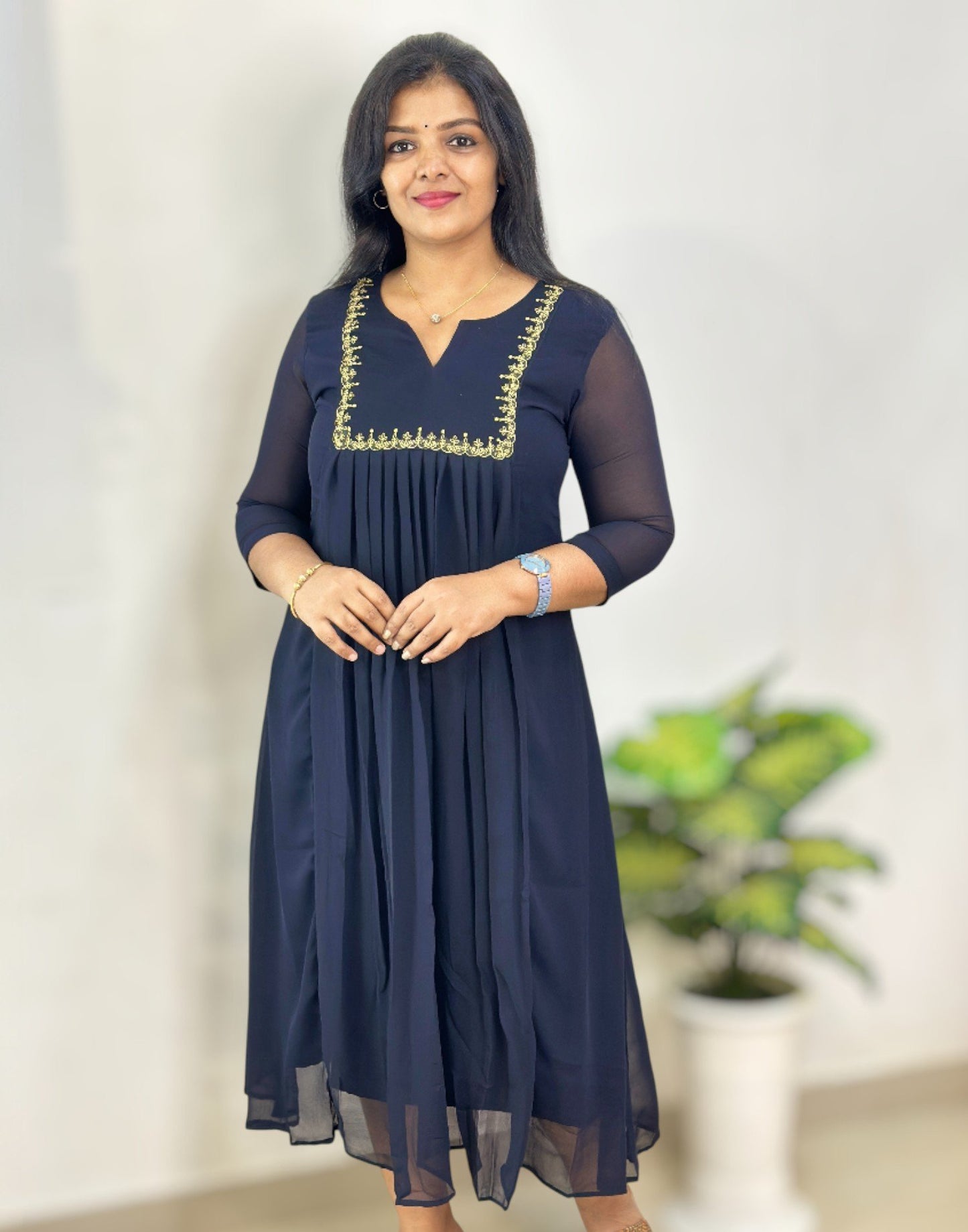 121125EK (E6573) GEORGETTE A-LINE KURTI - Dark Blue