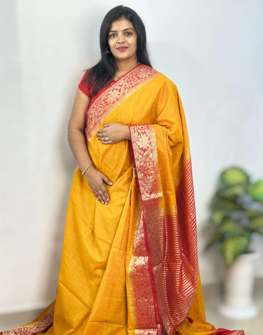 211125S (E6522) SEMI JUTE SAREE - Yellow n Red