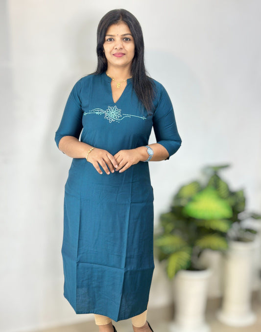 290825EK (E6528) EMBROIDERY KURTI - Peacock Blue