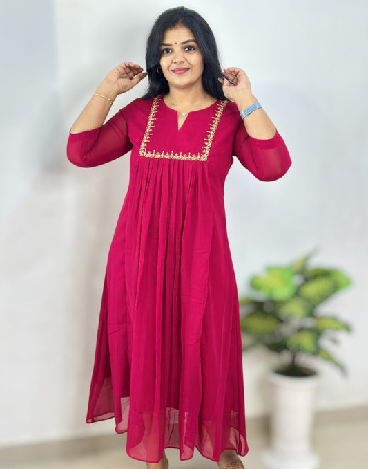 121125EK (E6573) GEORGETTE A-LINE KURTI - Cherry Red
