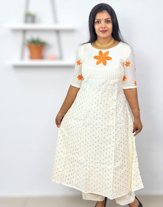 200825EK (E6390) ONAM SPECIAL SEMI ANARKALI CO-ORD SET - Cream n Orange