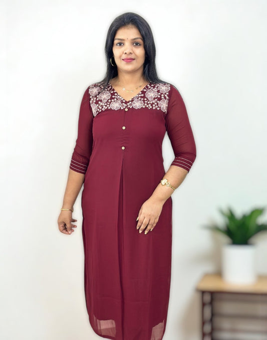 130925EK - GEORGETTE EMBROIDERY KURTI - Maroon
