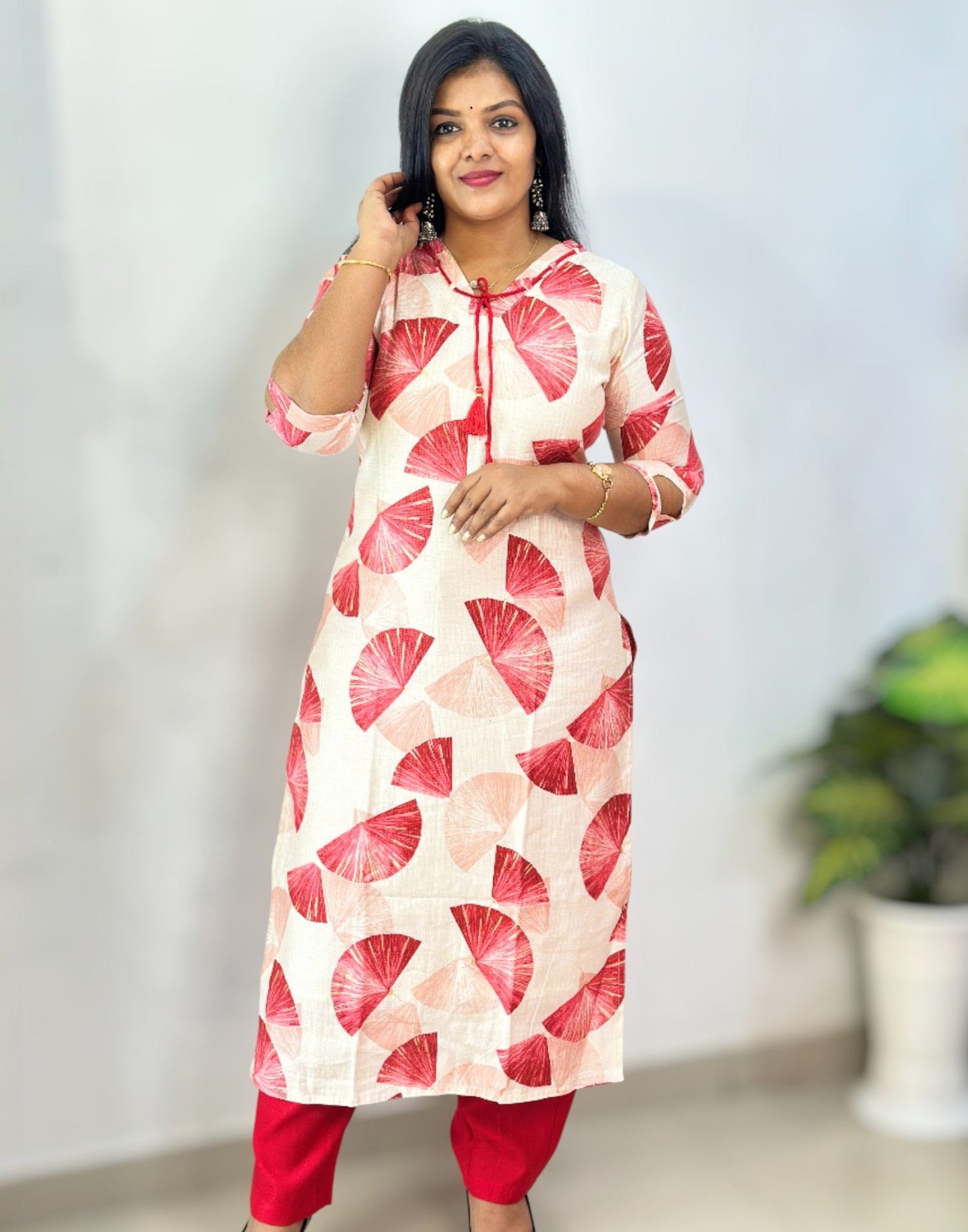 081125CS (E6615) KURTI SET - Cream n Red