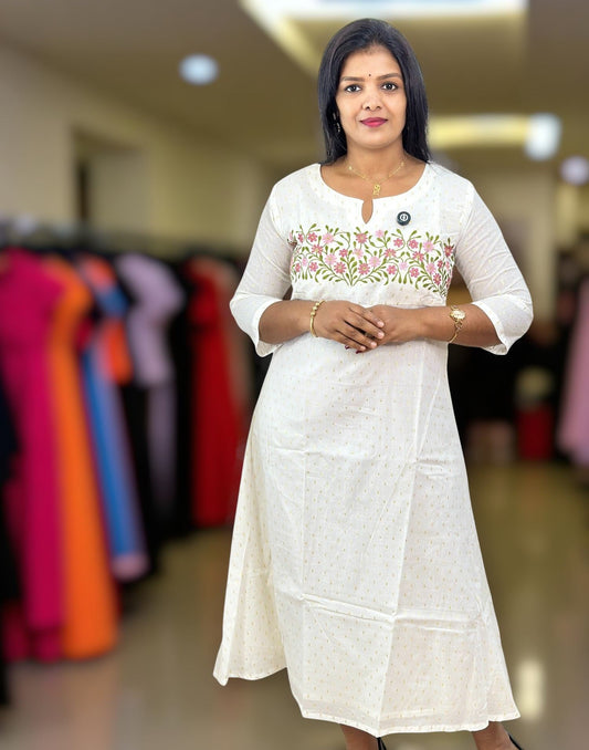 210825EK (E6388) ONAM SPECIAL EMBROIDERY A-LINE KURTI - Pink Flower
