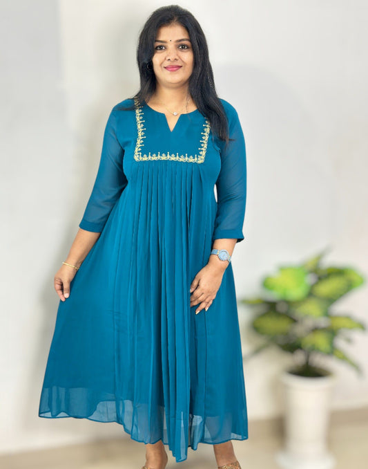 121125EK (E6573) GEORGETTE A-LINE KURTI - Teal Blue