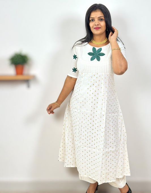 200825EK (E6390) ONAM SPECIAL SEMI ANARKALI CO-ORD SET - Milky White n Green