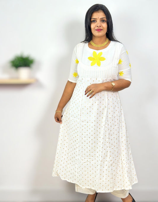 200825EK (E6390) ONAM SPECIAL SEMI ANARKALI CO-ORD SET - Milky White n Yellow