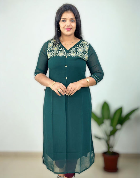 130925EK - GEORGETTE EMBROIDERY KURTI - Green