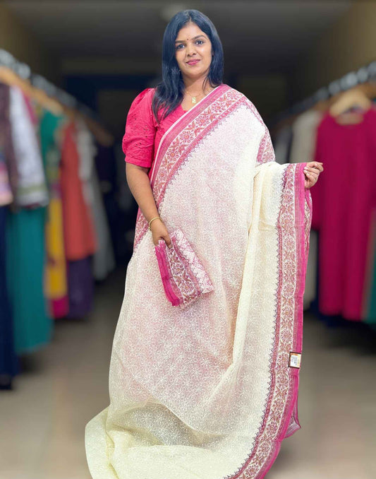 240925S (E6354) KOTA COTTON PHULKARI SAREE - Pink