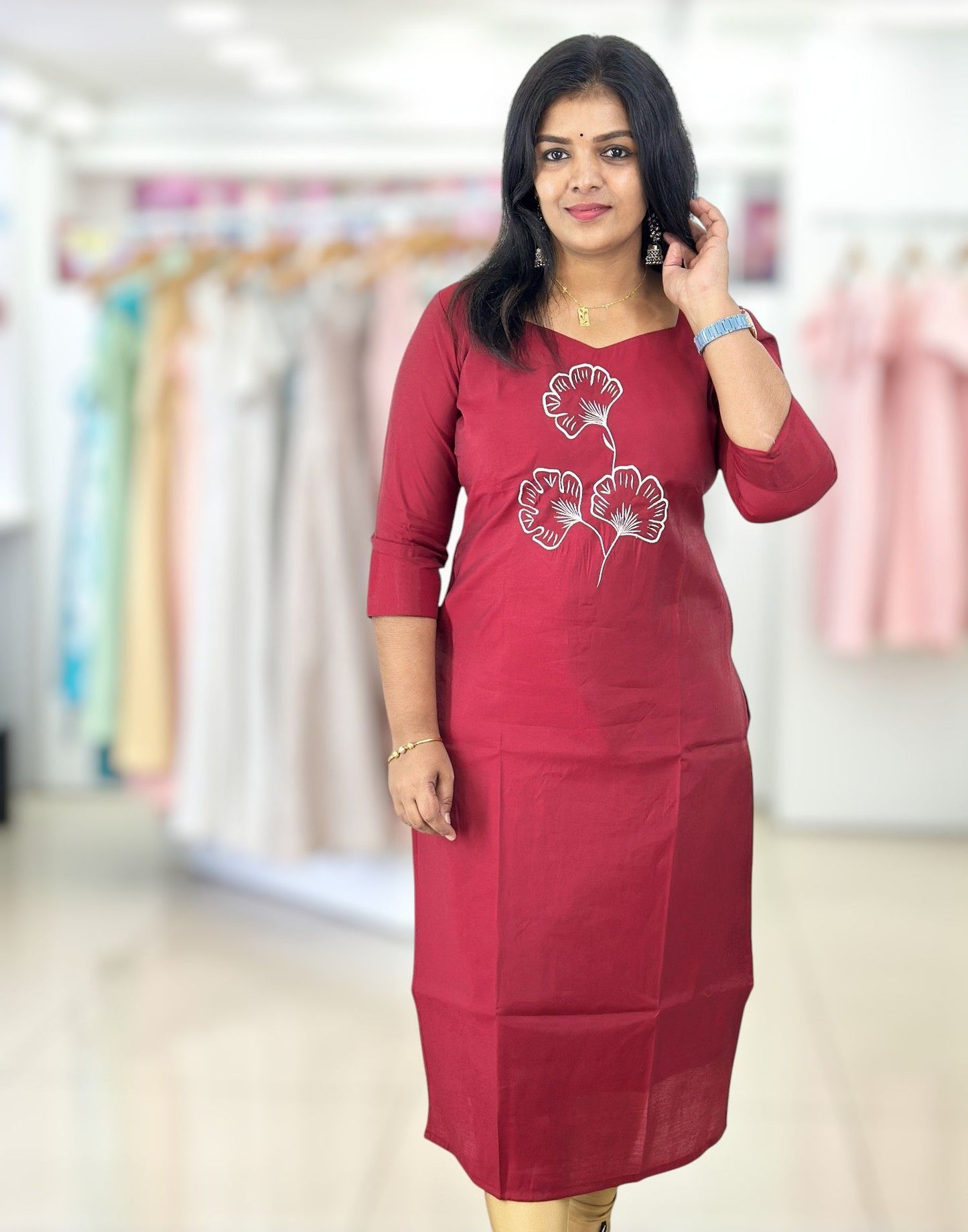 021025EK (E6535) EMBROIDERY KURTI - Reddish Maroon