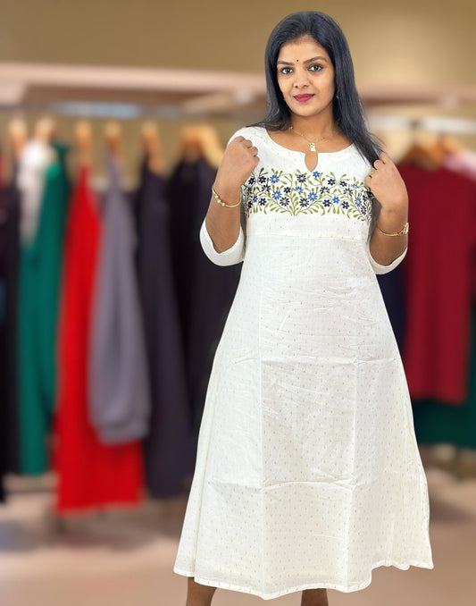 210825EK (E6388) ONAM SPECIAL EMBROIDERY A-LINE KURTI - Blue Flower