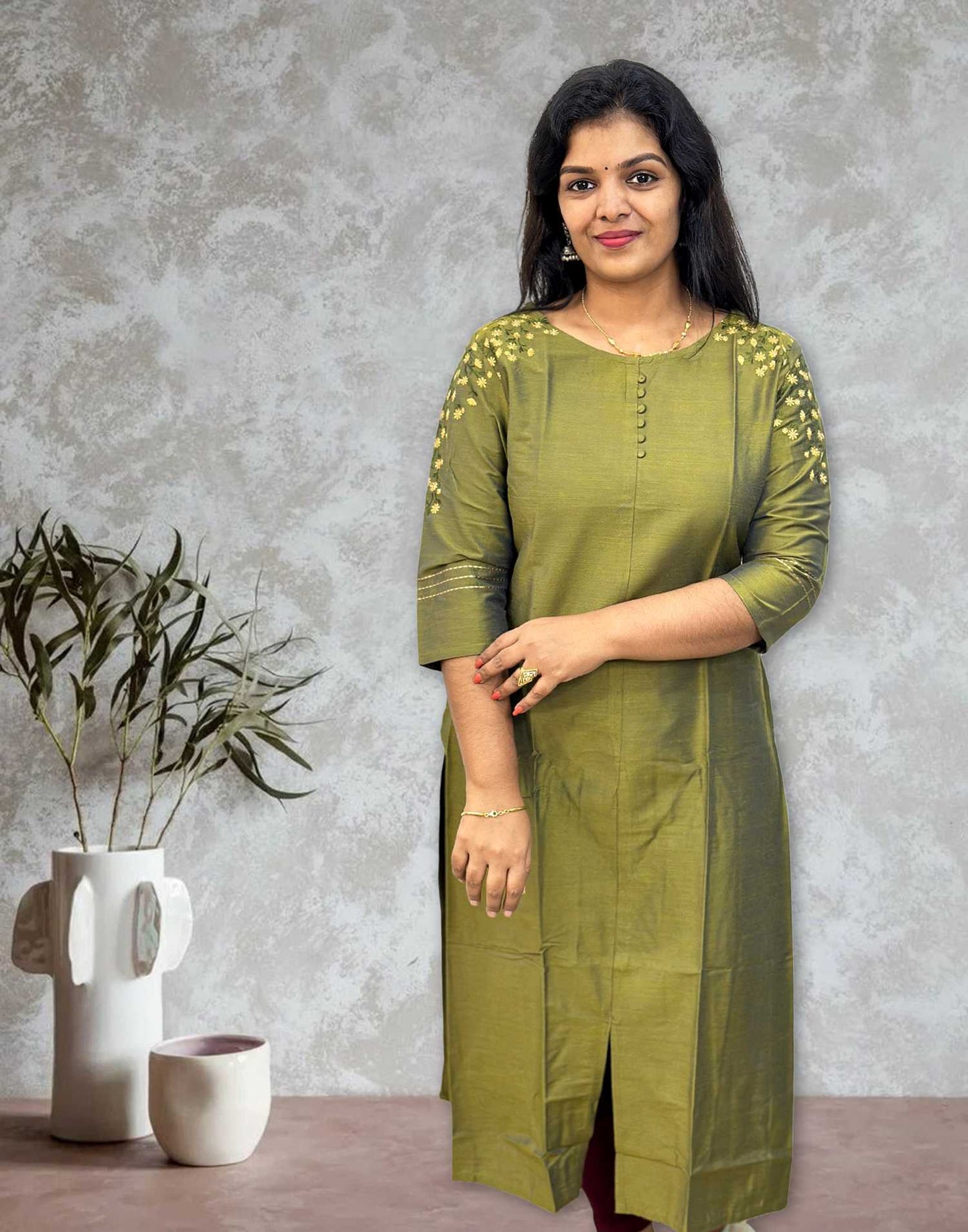 040624A (E3878) EMBROIDERY KURTI - Olive Green