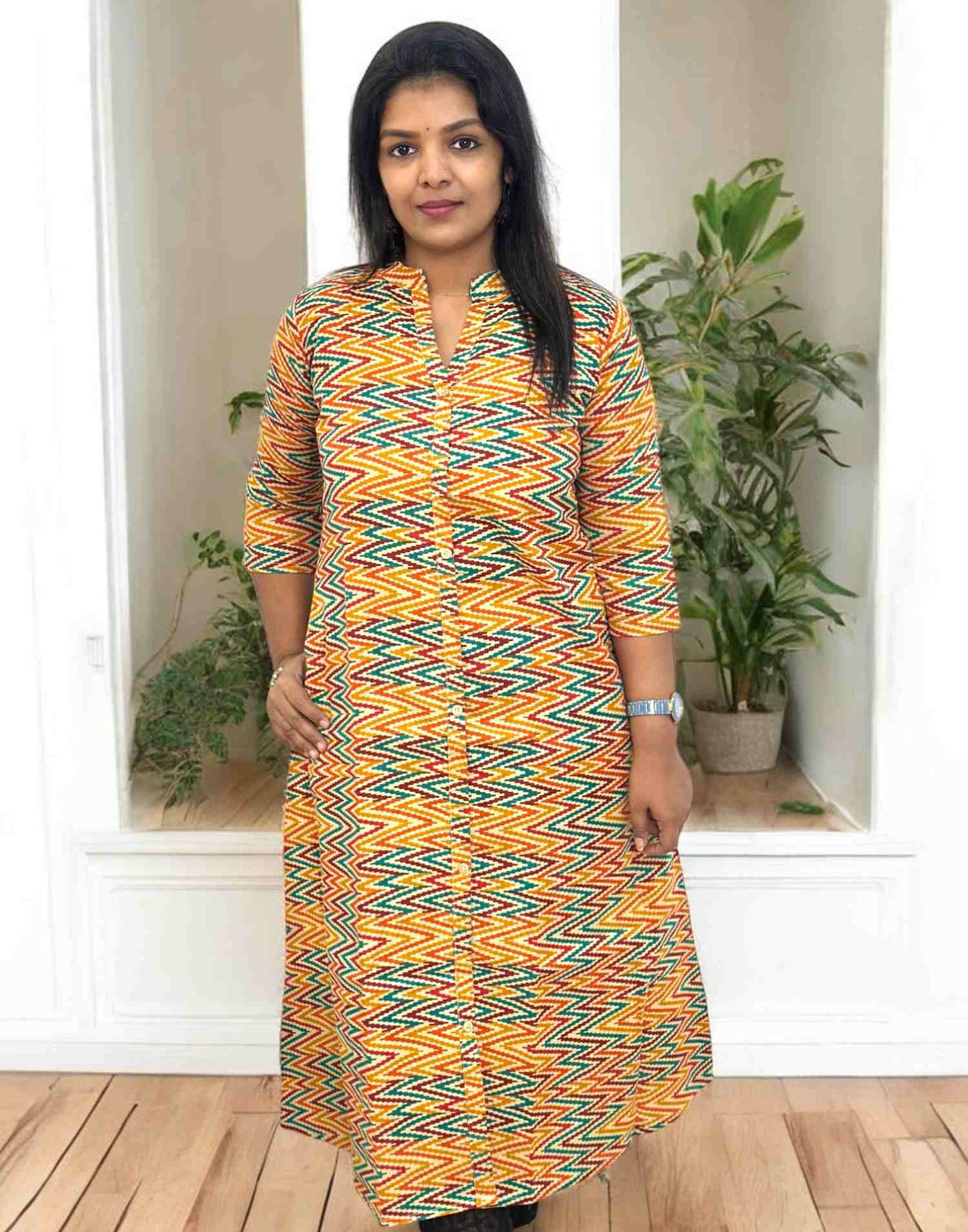 040225G (E5278) CASUAL A-LINE KURTI - Yellow Orange