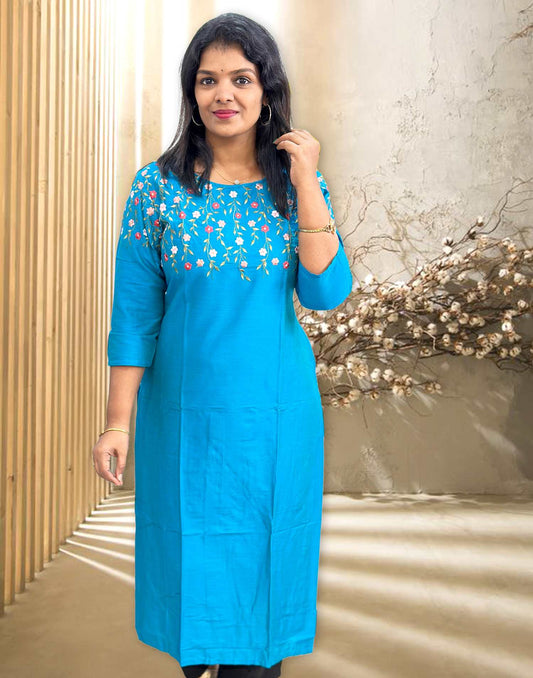 050724B (E3931) DESIGNER EMBROIDERY KURTI - Turquoise Blue