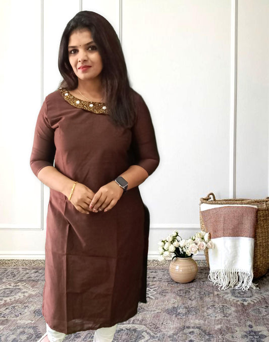 030724 (B4U1431) OFFER ZONE HANDWORK KURTI - Coffee Brown