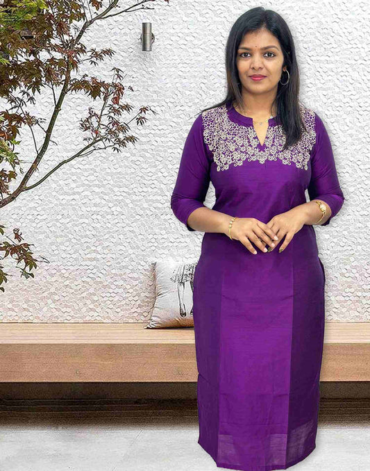 130924C (E4255) COLLAR NECK EMBROIDERY KURTI - Purple Violet