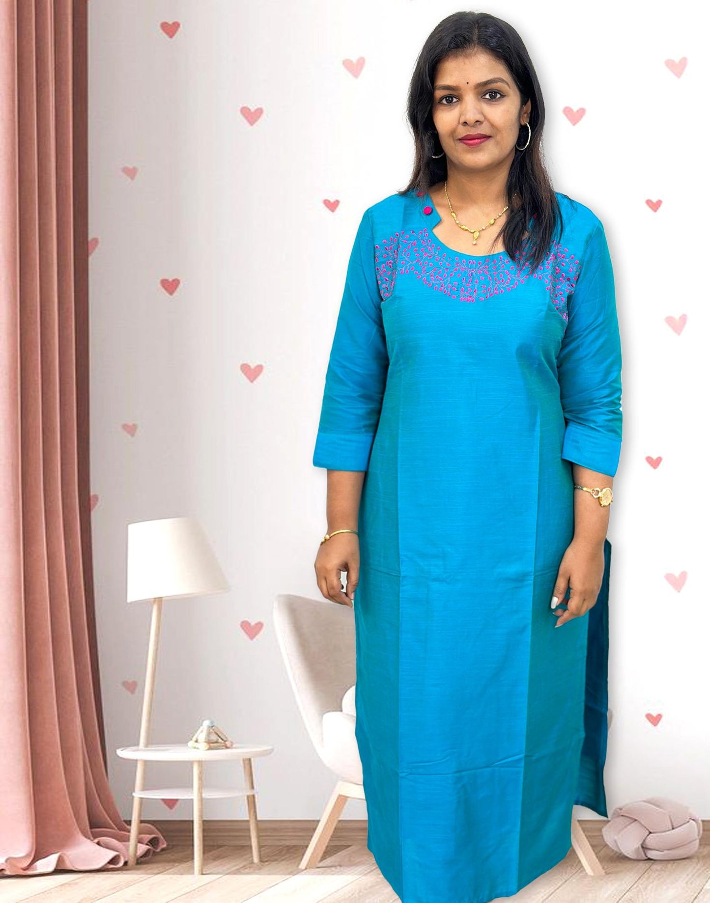 071024C (E4196) EMBROIDERY KURTI - Turquois Blue