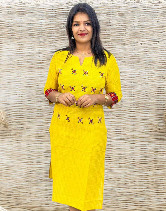 310824C (E4163/E4164) PREMIUM COTTON HANDWORK KURTI - Yellow