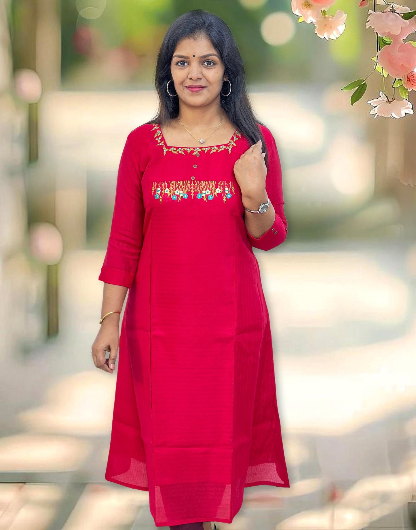 191124C (E4324) EMBROIDERY A-LINE KURTI - Cherry Red