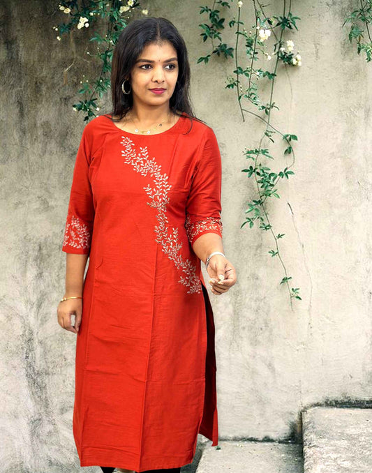 240524C DESIGNER EMBROIDERY KURTI - Rusty Orange