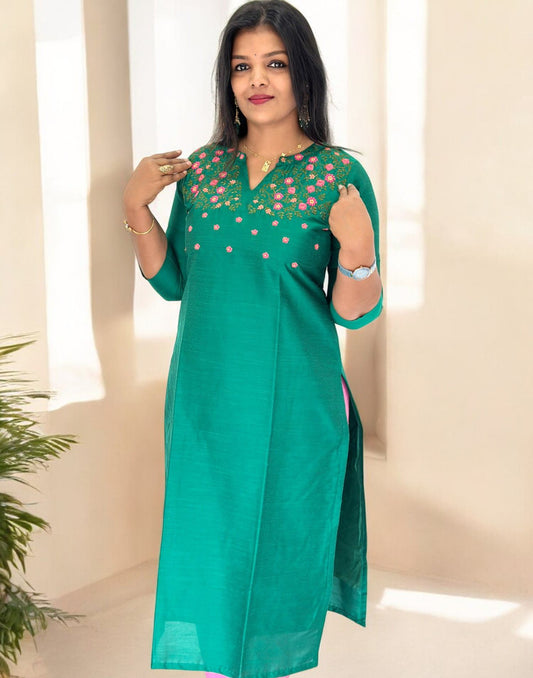 210325T DESIGNER EMBROIDERY KURTI - Jade Green