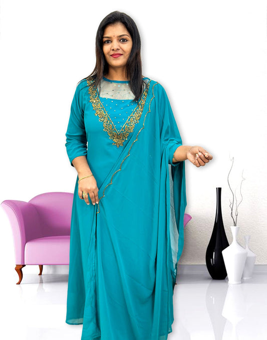 070824P HANDWORKED A-LINE with DUPATTA (Pre-Booking) - Cyan