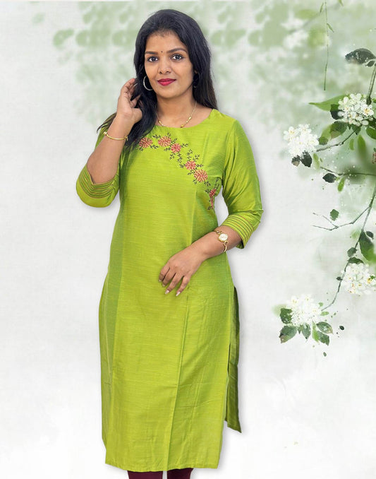 301124C (E4329) EMBROIDERY KURTI - Parrot Green