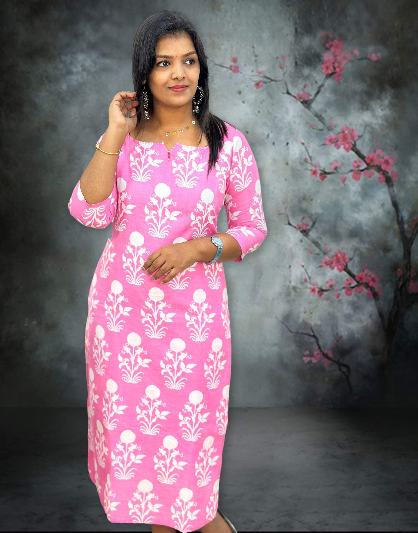 081224C (E4343) BUDGET BUY COTTON HALF COLLAR SLITTED KURTI - Baby Pink