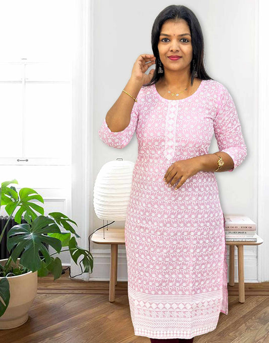 310724C (E3961) COTTON CHIKANKARI KURTI - Pink 2