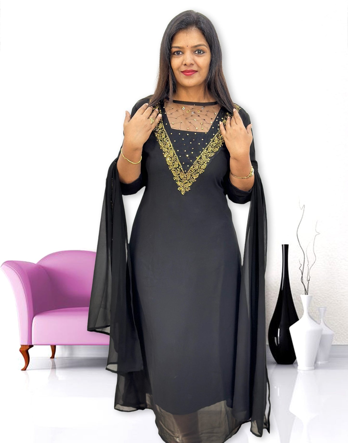 070824P HANDWORKED A-LINE with DUPATTA (Pre-Booking) - Black