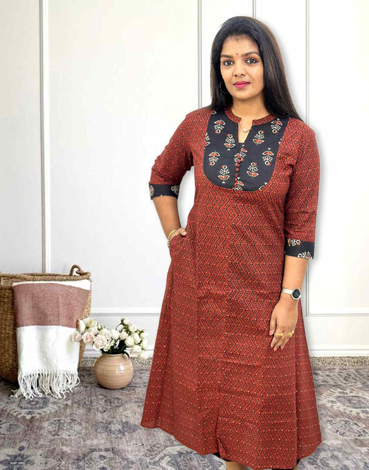 200224 (E3129) PURE COTTON A-LINE KURTI - Brick Brown