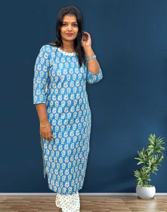 061224C (E4338) COTTON KURTI SET - Blue