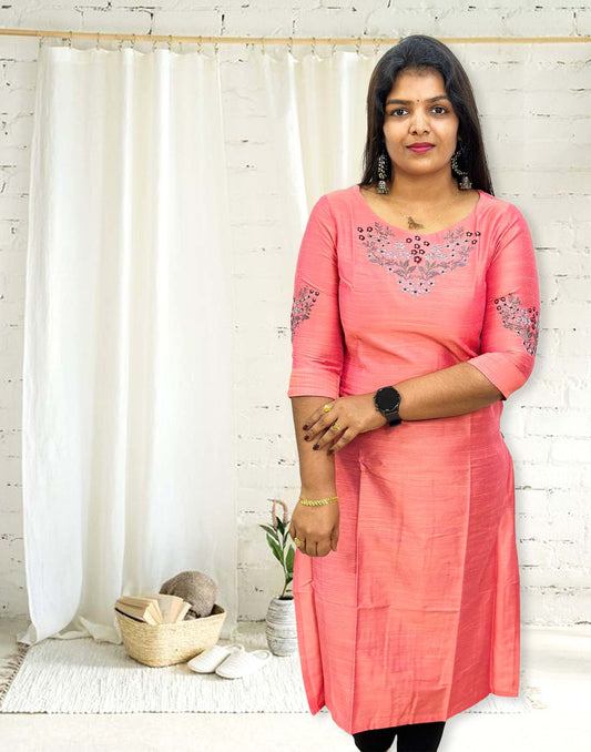 040124 (E3072) EMBROIDERY SLITTED KURTI - Peaches Pink