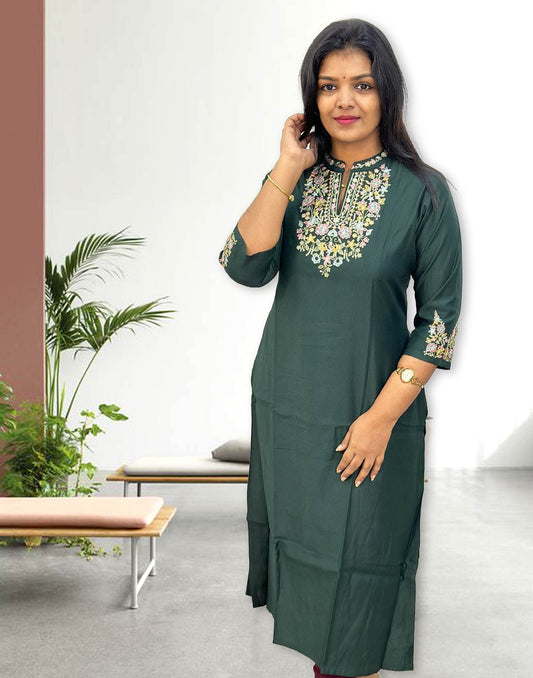 280824B (E4168) PARTYWEAR EMBROIDERY KURTI - Dark Green (Copy)