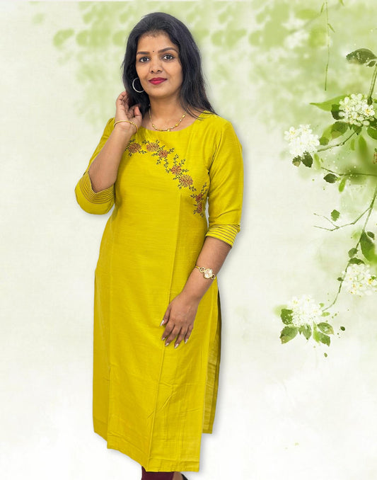 301124C (E4329) EMBROIDERY KURTI - Yellowish Green