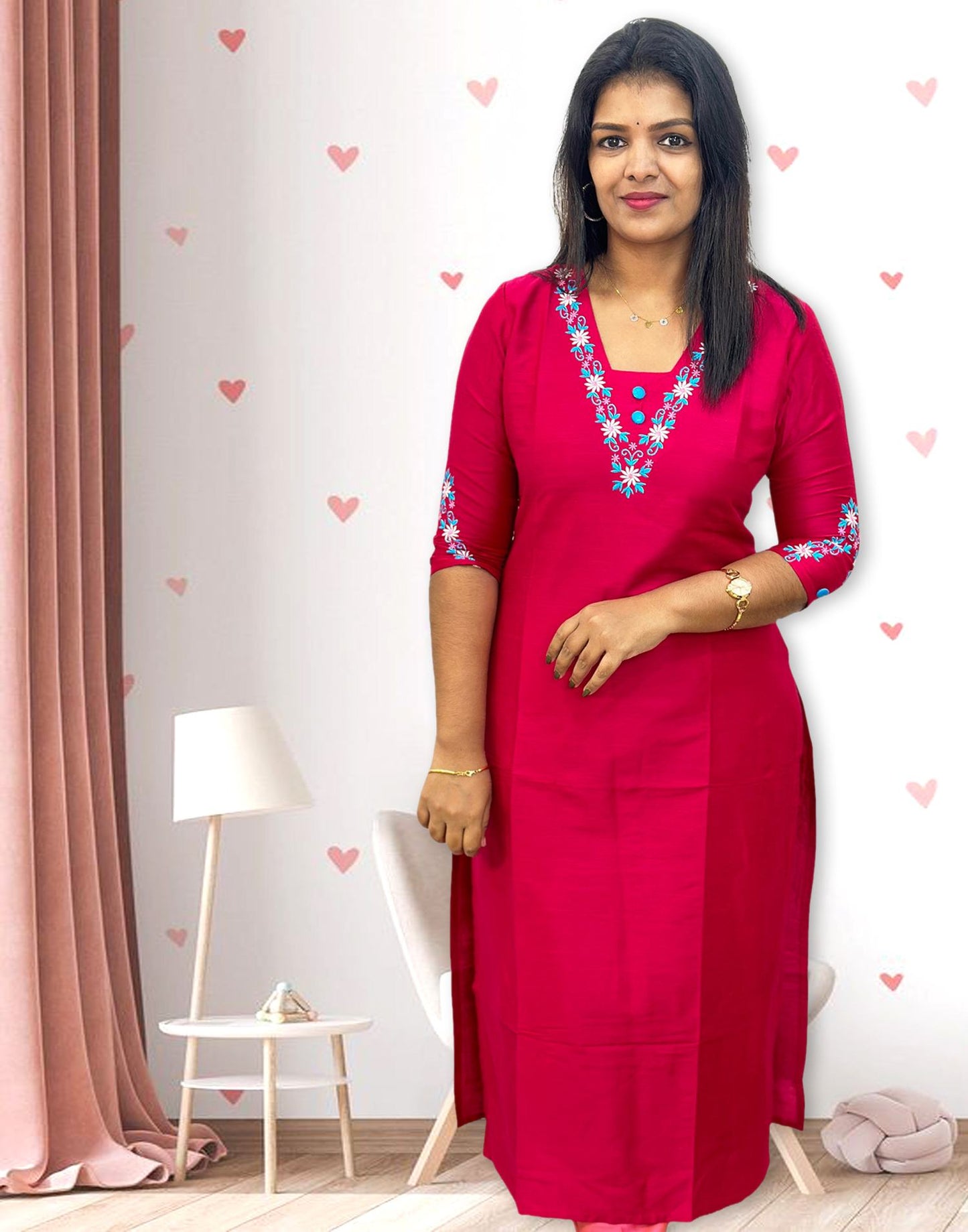 061024D (E4224) EMBROIDERY KURTI - Ruby Pink