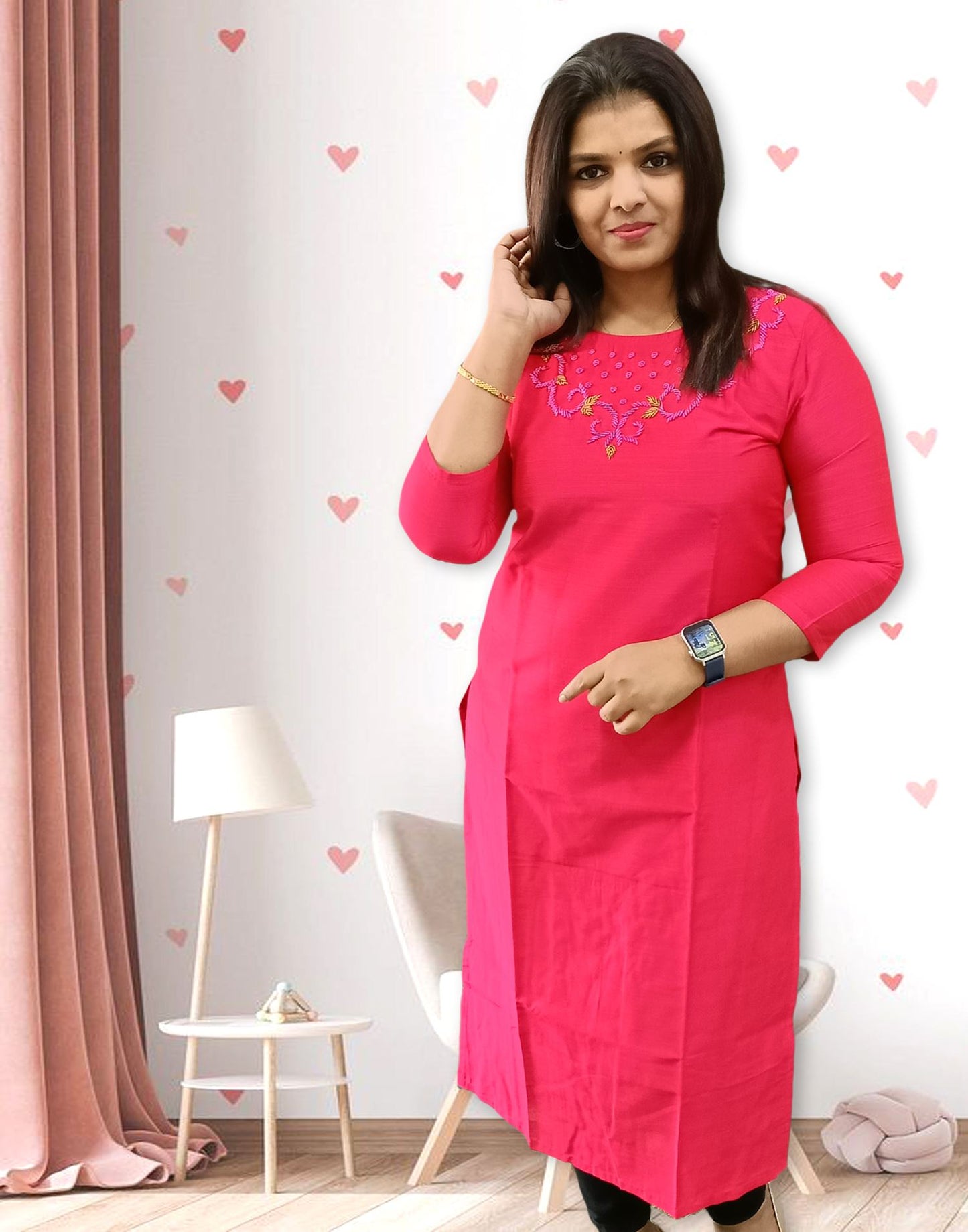 290724A (B4U1386) OFFER ZONE HANDWORK KURTI - Hot Pink