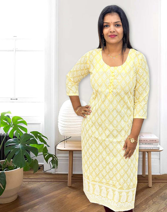 310724C (E3961) COTTON CHIKANKARI KURTI - Yellow 1