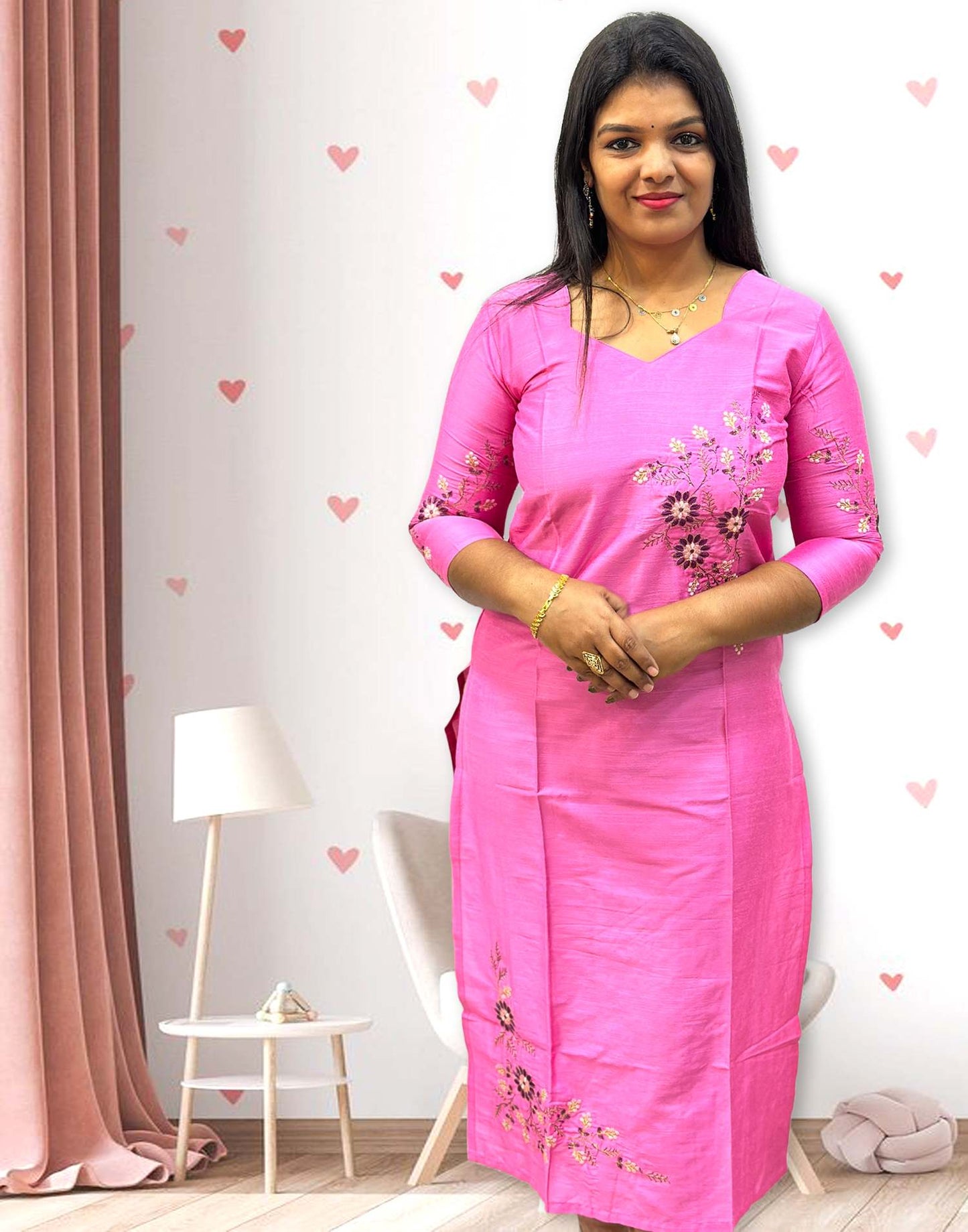 230724A (E2664) OFFER ZONE EMBROIDERY KURTI - Pink