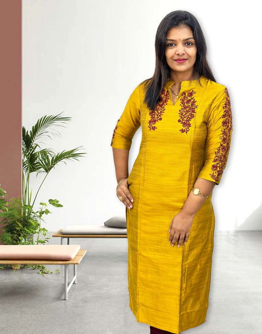 280824B (E4170) PARTYWEAR EMBROIDERY KURTI - Mustard Yellow (Copy)