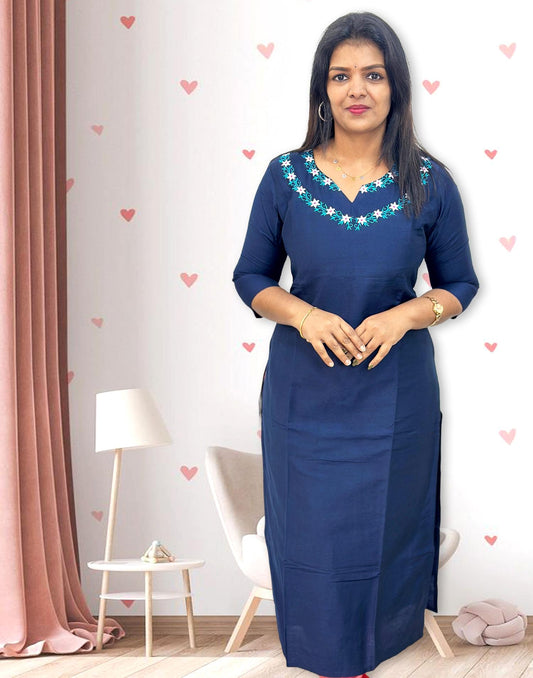 080924D (E4223) EMBROIDERY KURTI - Dark Blue