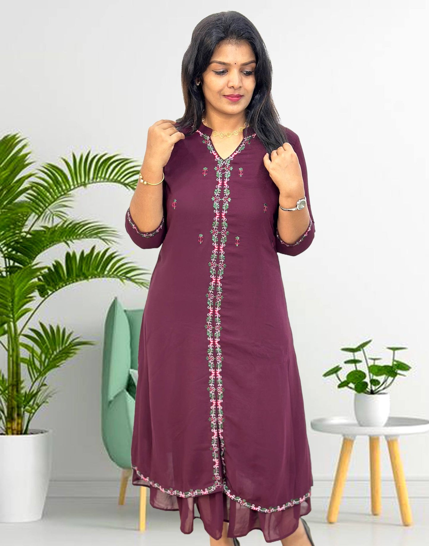 101124A (E4323) SEMI PARTY WEAR  KURTI - Dark Wine