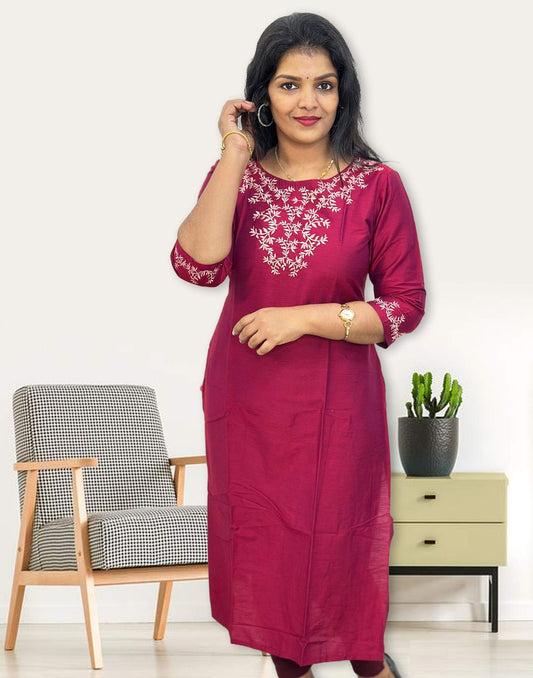 301124C (E4329) EMBROIDERY KURTI - Dark Wine