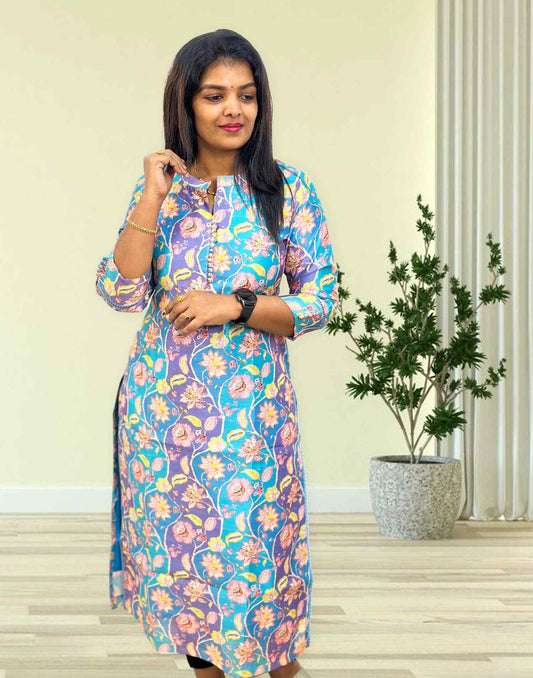 130424B (E3195) SOFT CHANDERI PRINTED KURTI - Blue