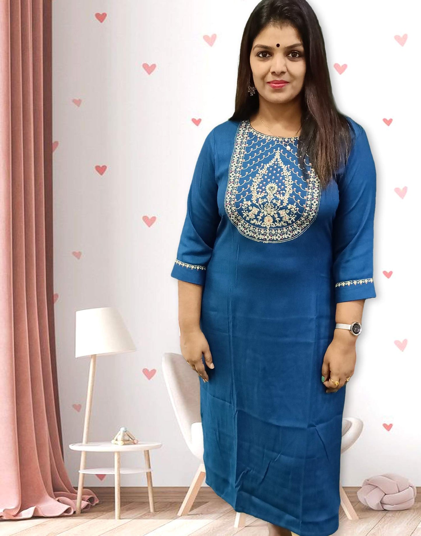 290724A (E1533) OFFER ZONE EMBROIDERY KURTI - Blue