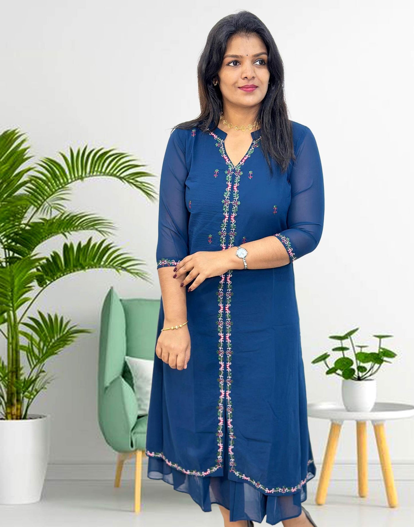 101124A (E4323) SEMI PARTY WEAR  KURTI - Peacock Blue